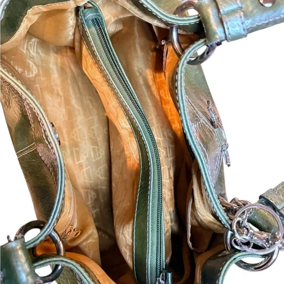 Kathy Van Zeeland Purse Metallic Green Silver Charm Satchel Bag - Picture 10 of 16